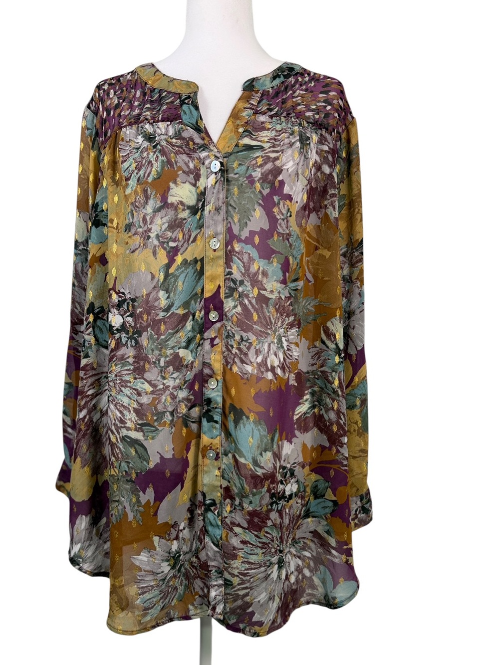 Figueroa & Flower Sheer Floral Button-Down Shirt in Purple & Gold Plus Size 1X